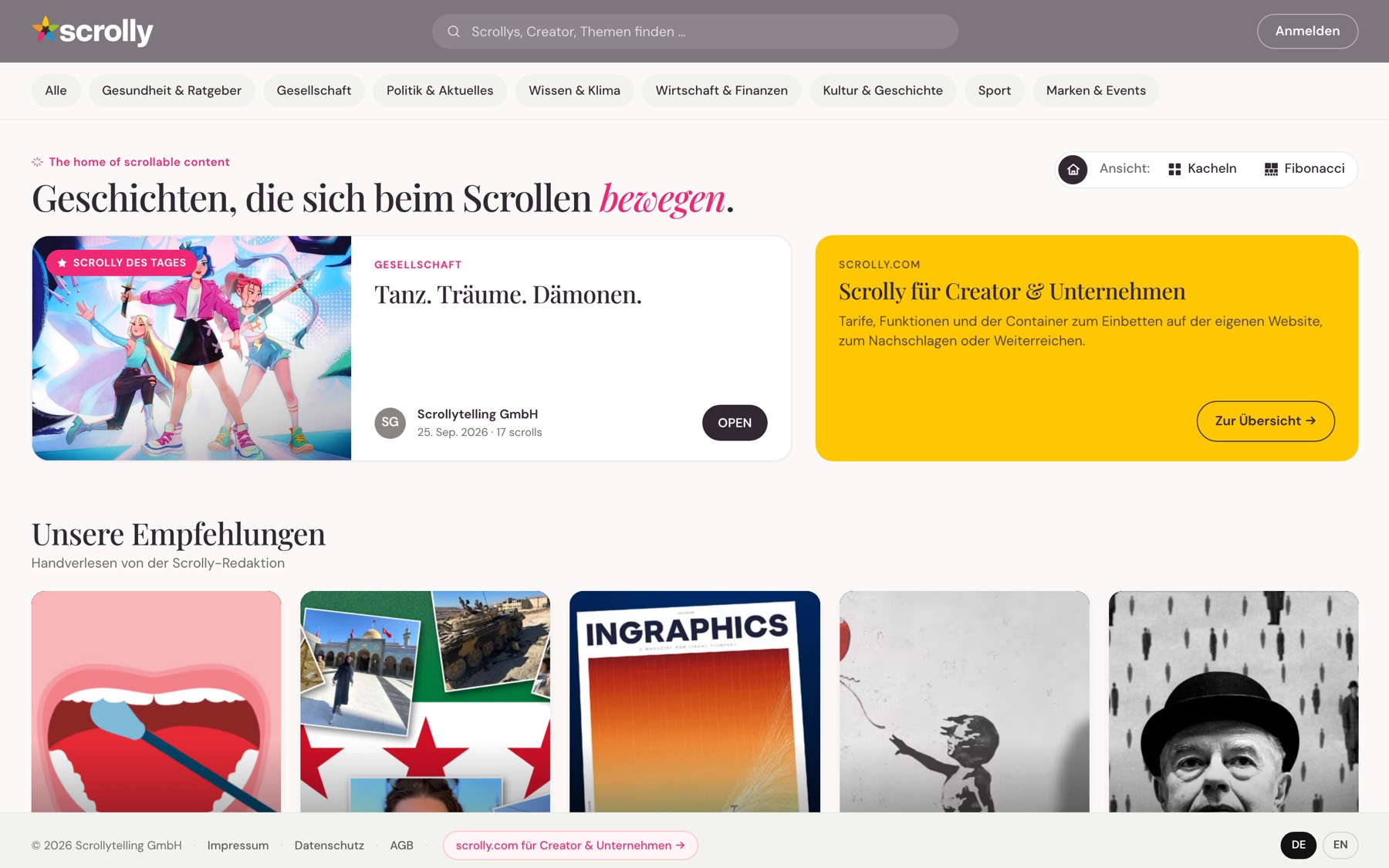Startseite des Portals scrolly.com mit dem Scrolly des Tages, Themen und Empfehlungen