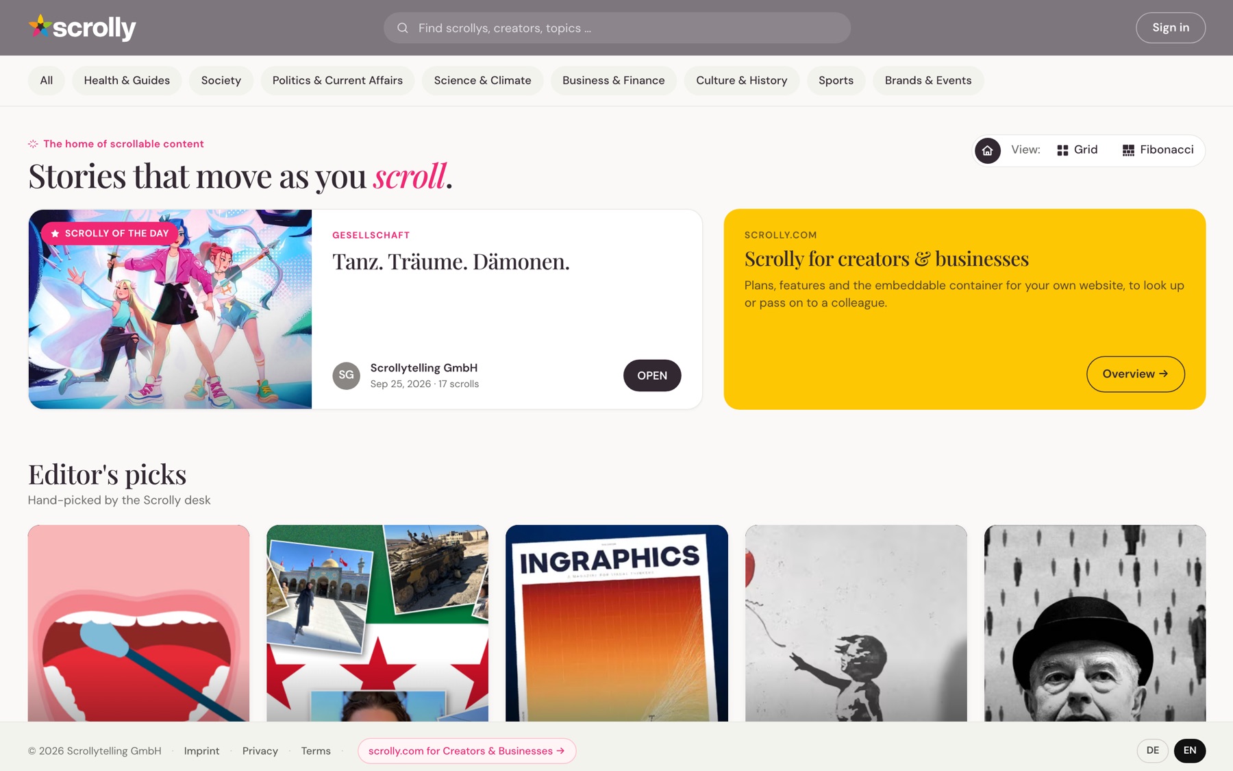 Home page of the scrolly.com portal with the Scrolly of the Day, topics and recommendations